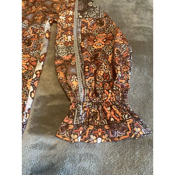 Democracy Boho Peasant Shirt Balloon Sleeves Orange Blue Geometric Floral Large - Picture 10 of 12